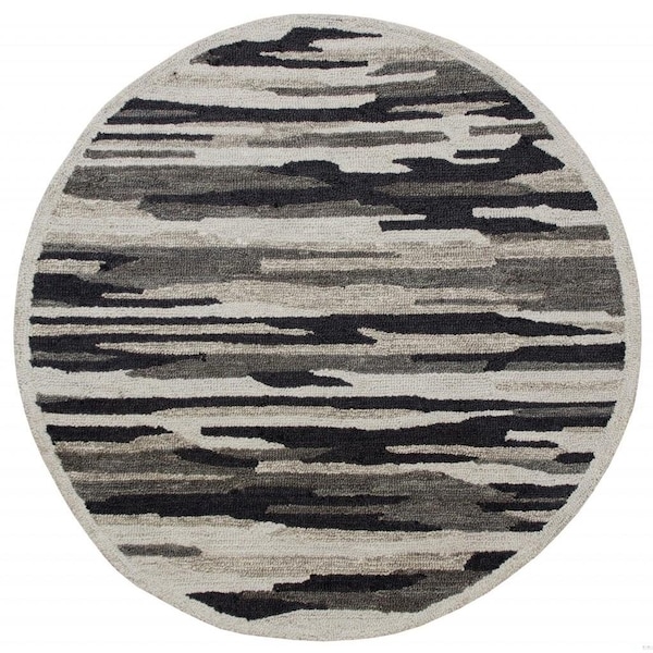 Homeroots 4 ft. Round Black & Gray Camouflage Area Rug 396196 - main